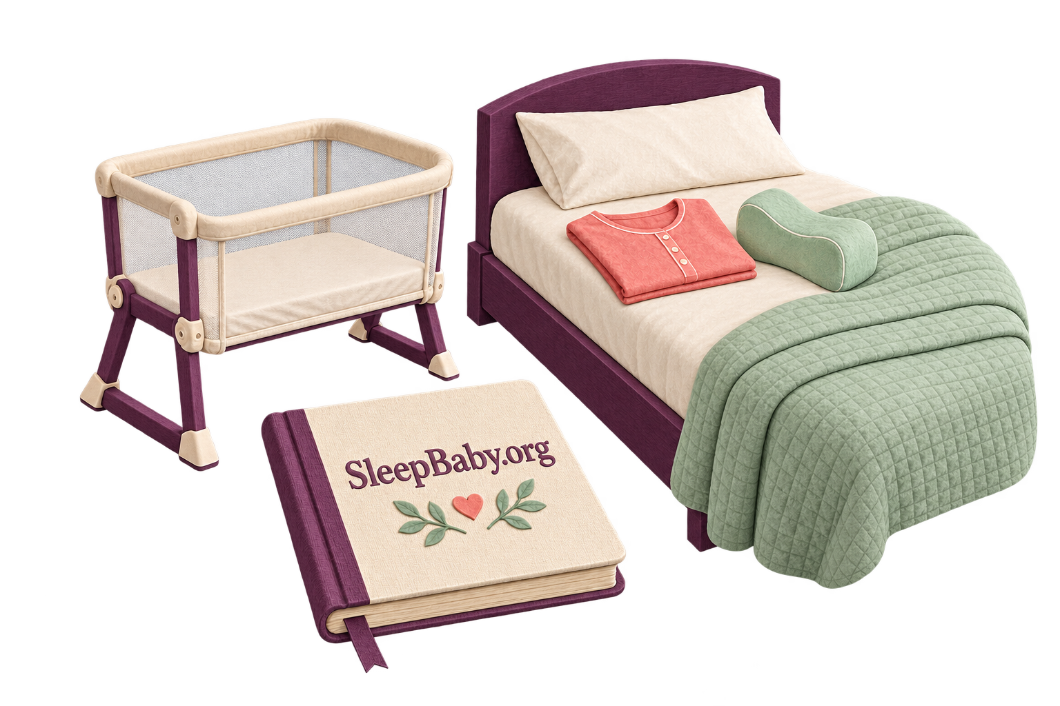 Empty bassinet with a fitted sheet stands apart from an adult bed and cloth-covered book.