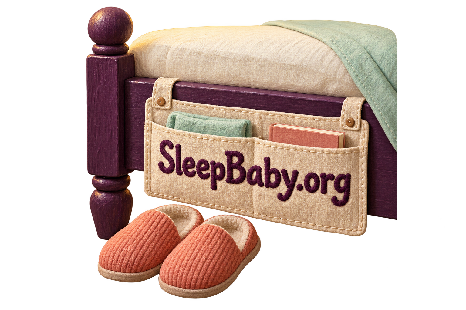 Miniature adult bed edge with a folded sheet and paired slippers beside it.