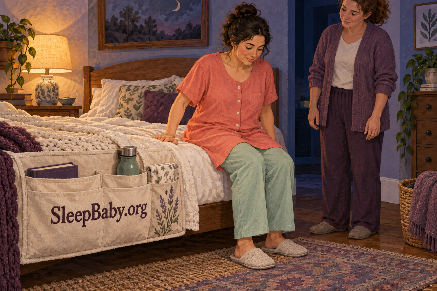 Adult sits with both feet on the floor at the edge of a bed while a helper stands nearby.