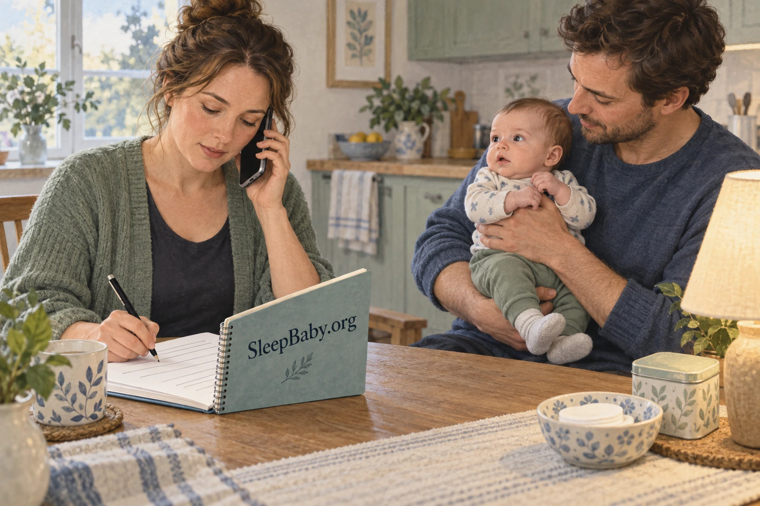 A mother makes a phone call beside an open notebook while a father holds their awake baby.