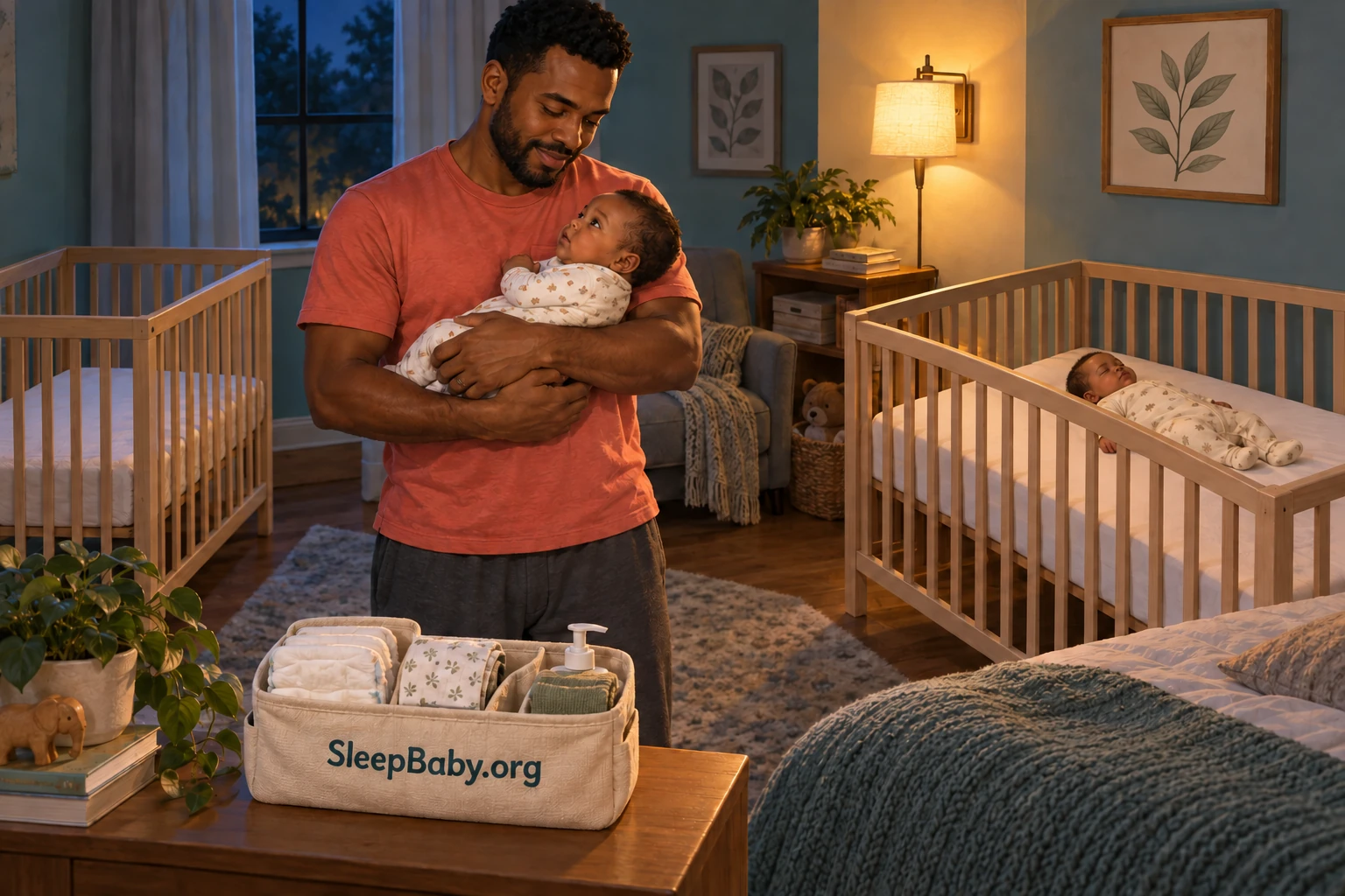 An awake father holds one awake infant securely while the other lies on their back in a separate bare crib; another crib stands ready.