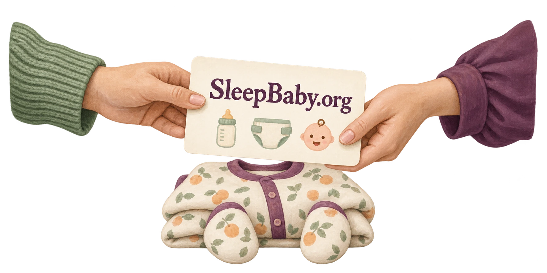 Two caregivers’ hands pass a shared care card above folded infant pajamas.