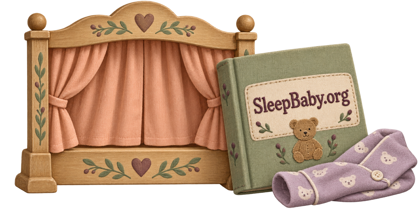 A small closed puppet curtain, a bedtime book, and a folded pajama sleeve form a quiet goodnight arrangement.