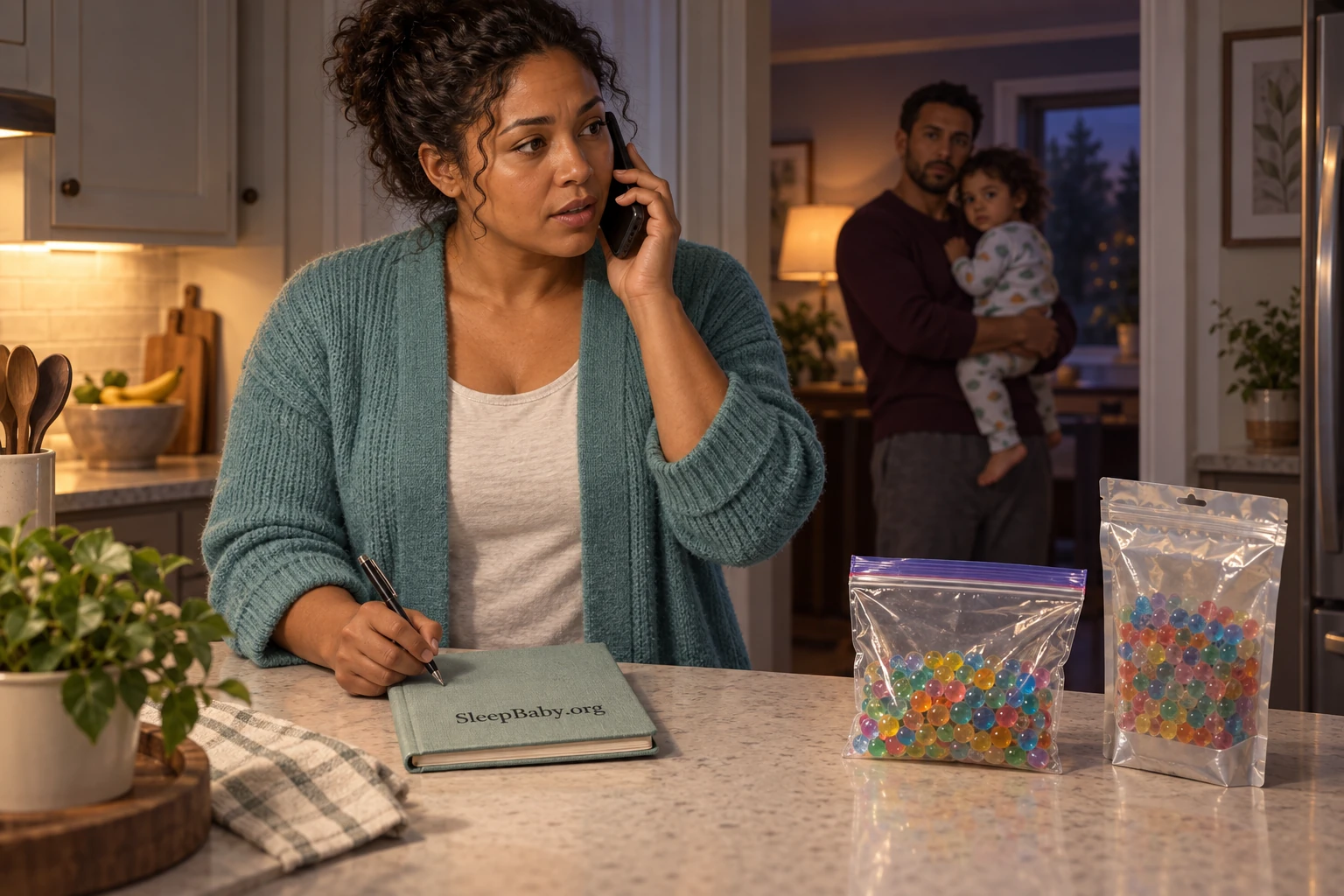 A parent calls for guidance with sealed water-bead evidence on a counter while another adult holds a child away from it.