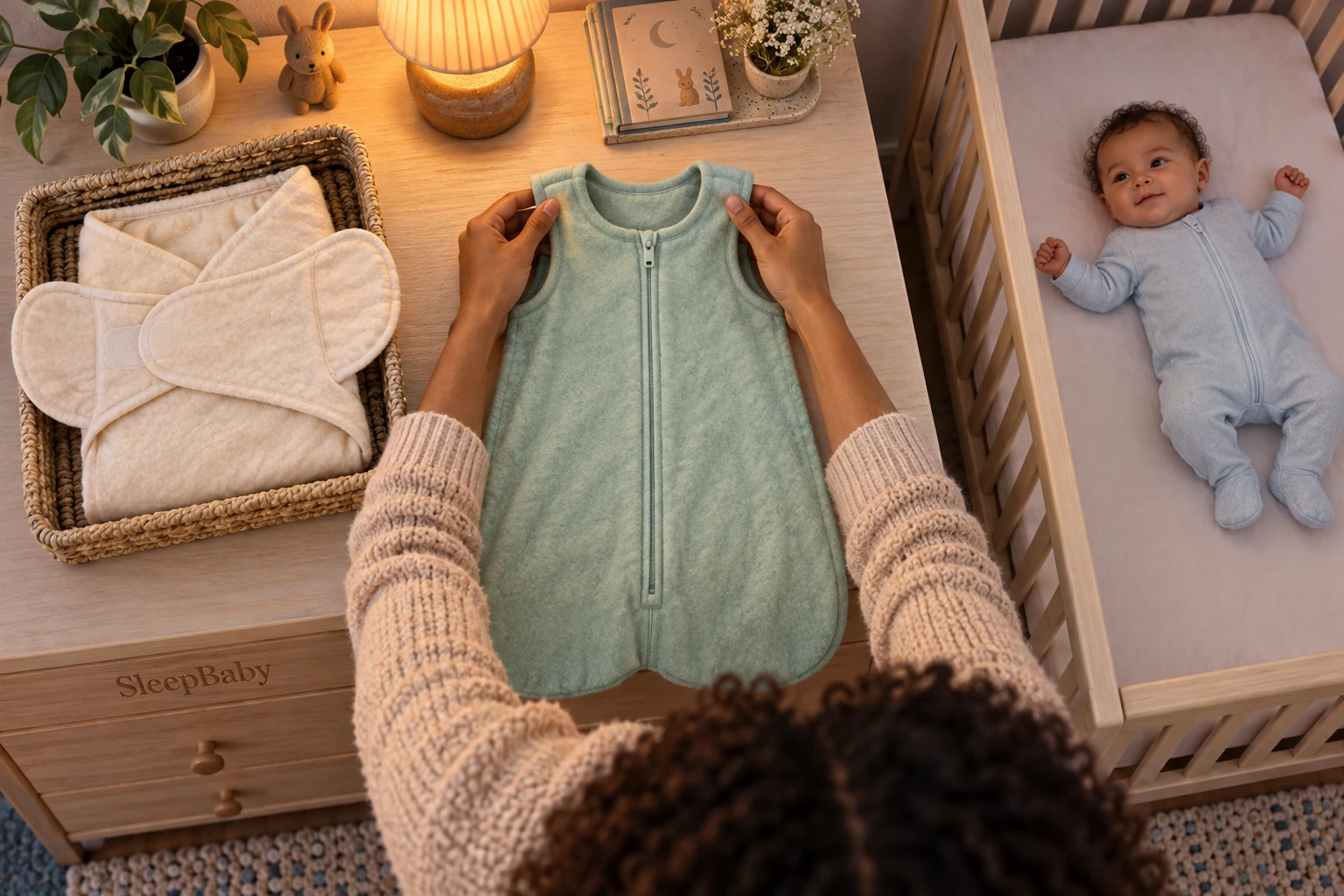 Hands hold a sleeveless mint wearable blanket over a dresser beside a bare crib; a folded wrap sits outside the crib.