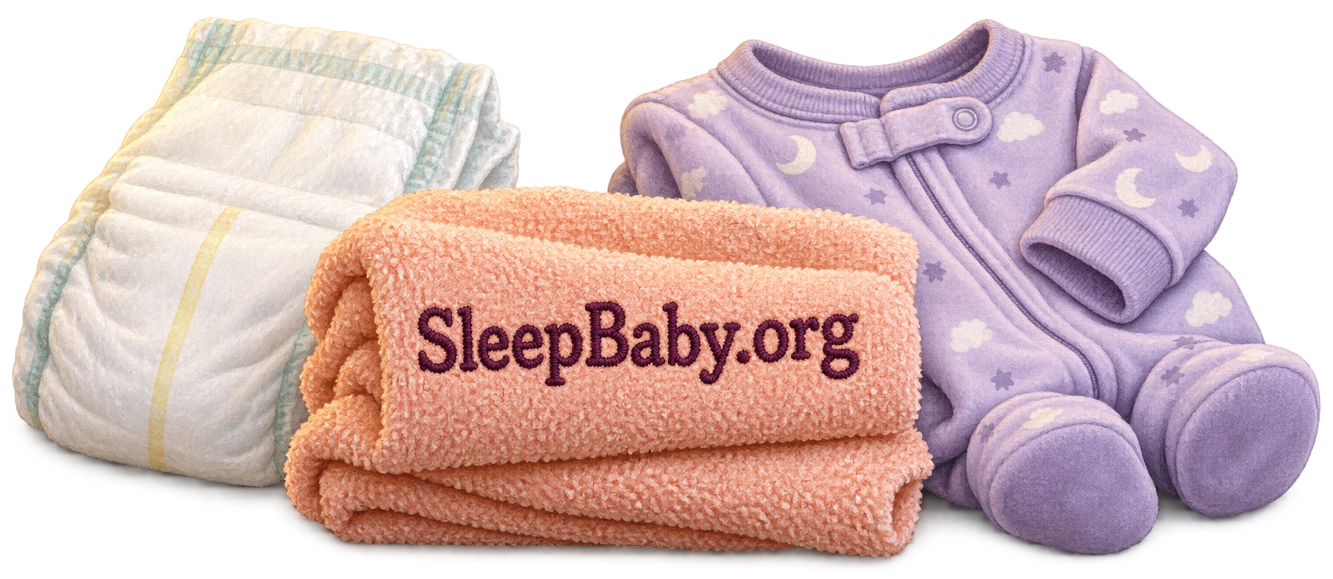 Folded peach washcloths sit between a clean diaper and a lavender footed sleeper.