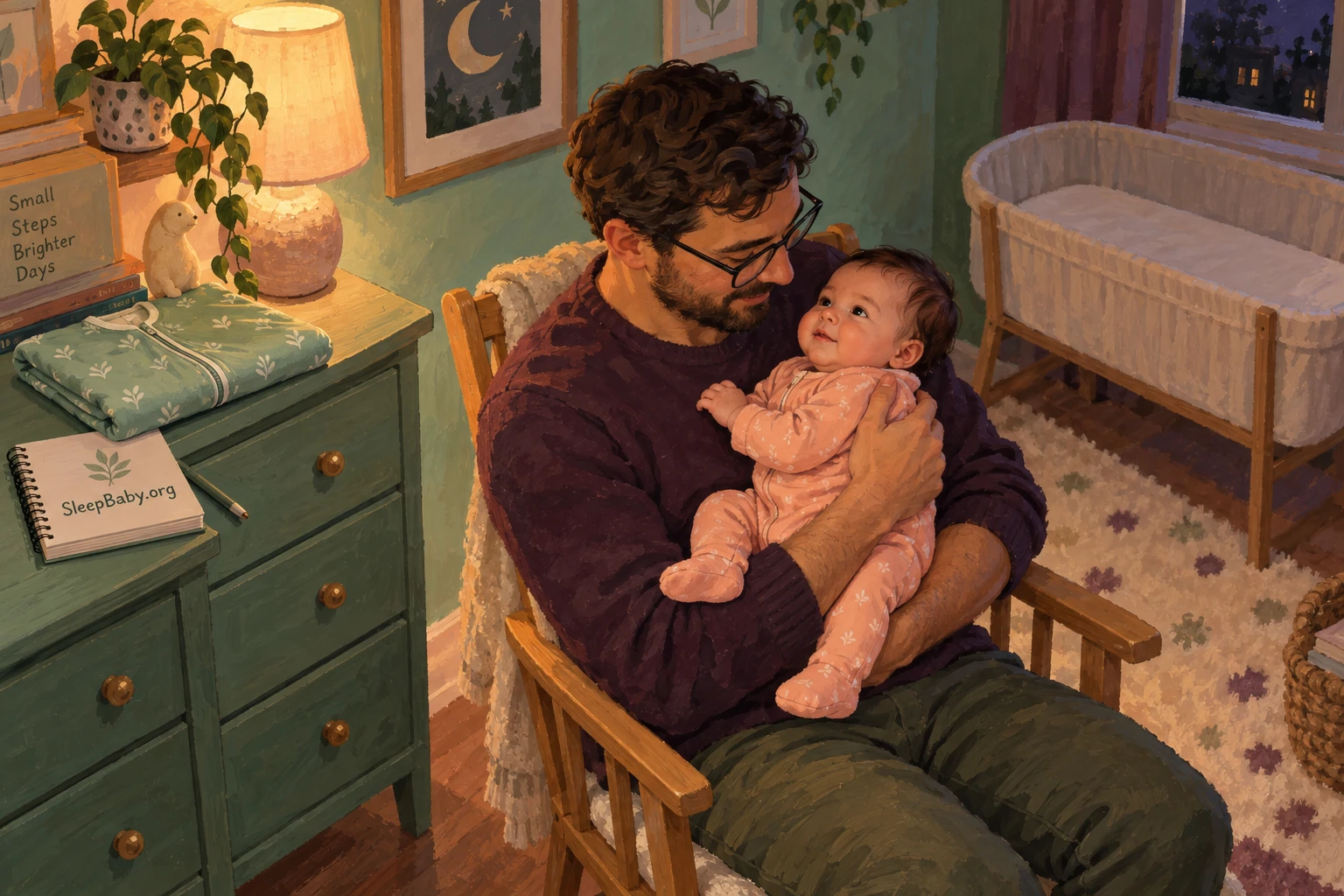Father holds an awake baby in pajamas while a folded sleep sack rests on a nearby dresser.