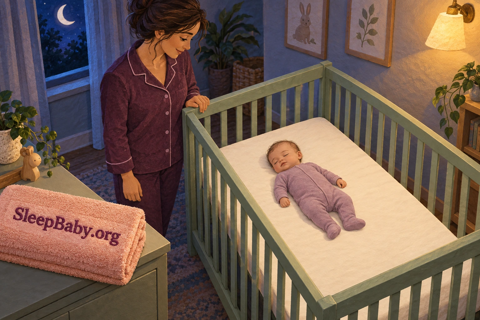 A baby sleeps on their back in a plain sleeper on a flat fitted-sheet-only crib mattress while an alert parent stands nearby.