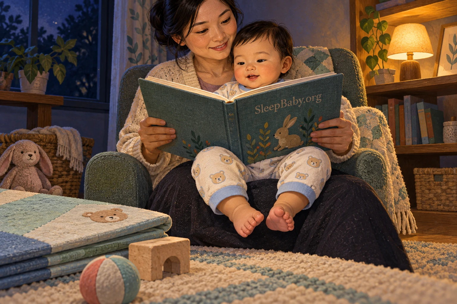 Caregiver and awake pajama-clad baby share a SleepBaby.org book, with the baby's bent knees and bare feet in front.
