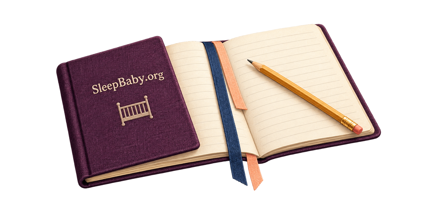 An open plum sleep notebook, pencil and unequal fabric bookmarks form a transparent illustrated sleep-record arrangement.