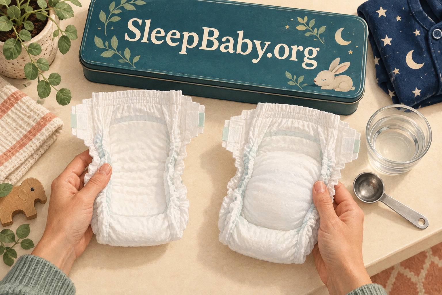 Adult hands compare two clean diapers beside a water cup and measuring spoon on a work surface, with no baby present.