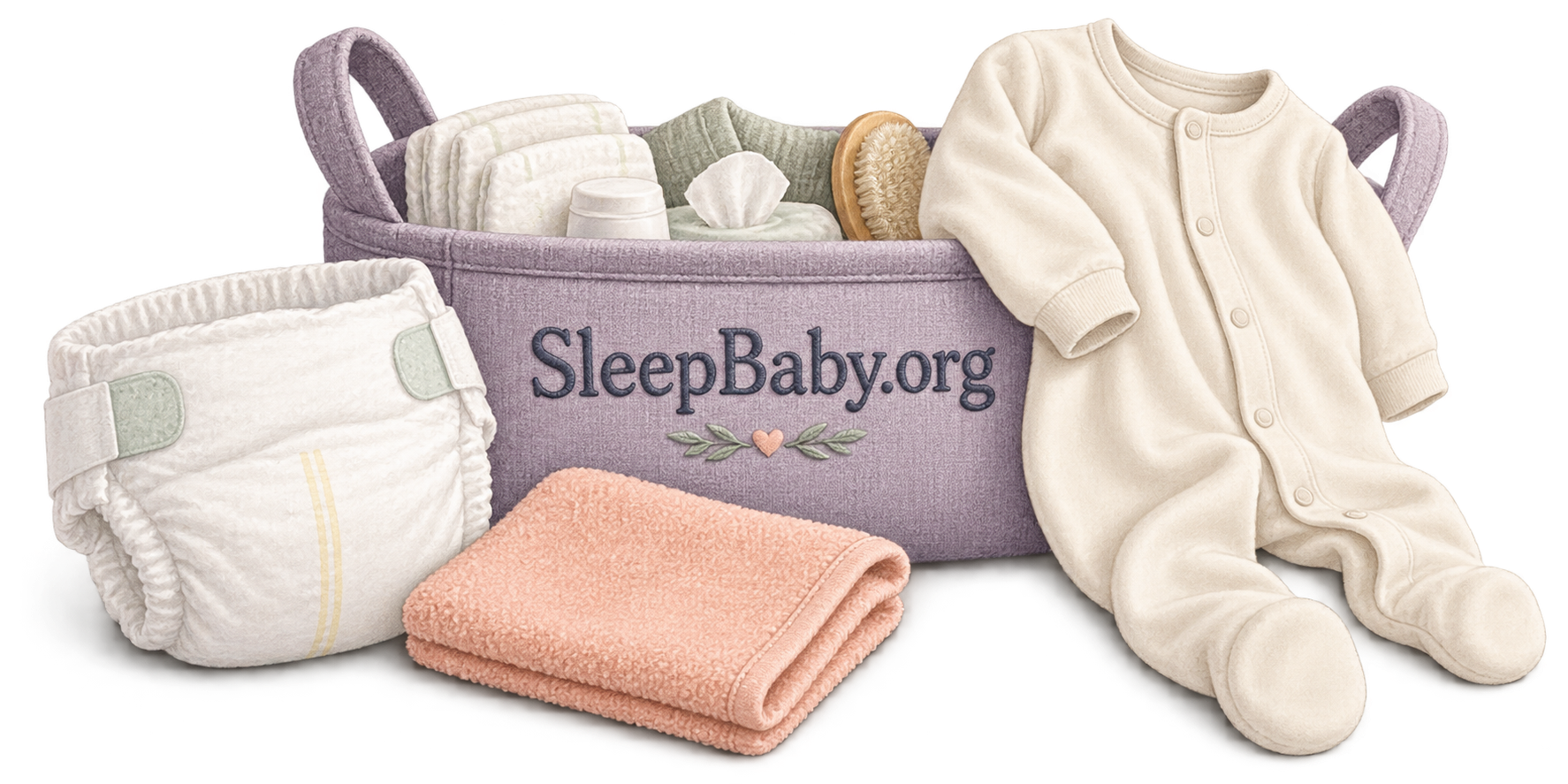 A lavender changing-supply basket beside a diaper, cream footed sleeper and peach washcloth.