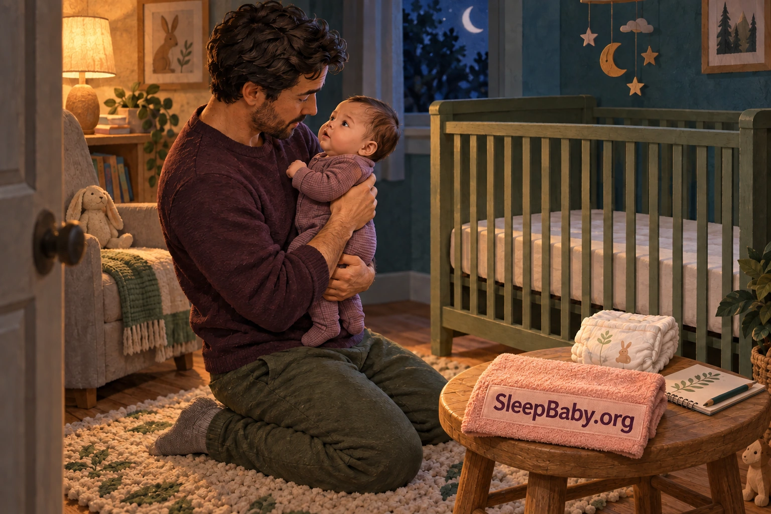 An alert father holds an awake baby beside a bare crib, with a clean diaper and observation notebook on a stool.