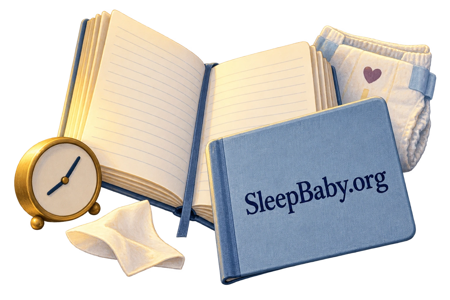 Open and closed caregiver notebooks beside a clean diaper, folded tissue and a small bedside clock