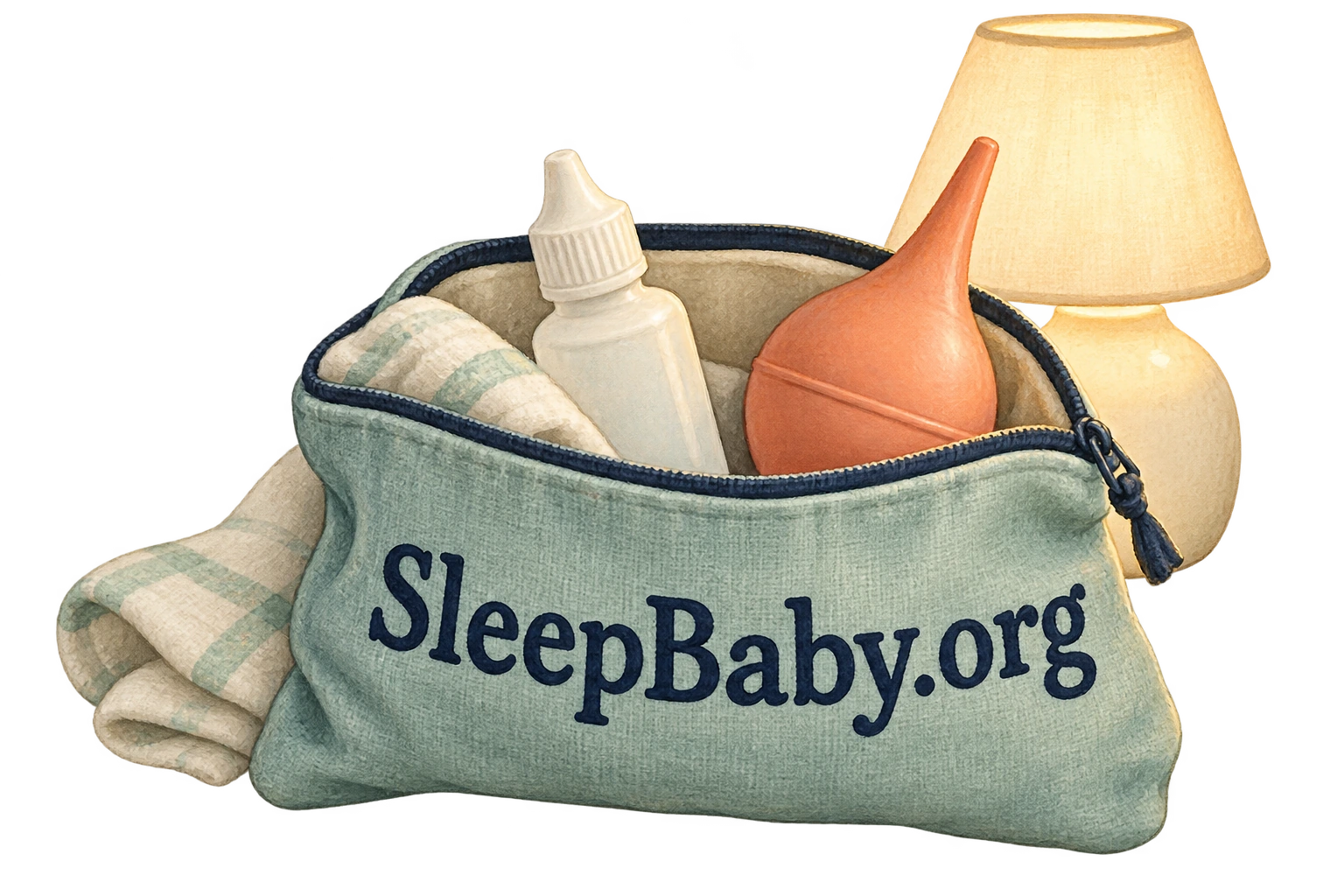 Plain saline, a suction bulb and a folded cloth in a fabric care pouch beside a nightlight