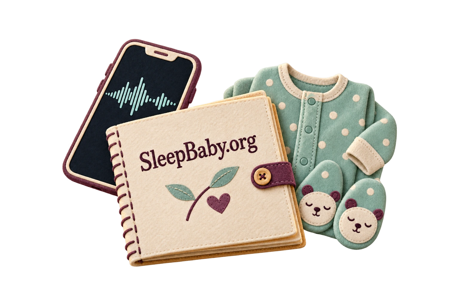 A phone with an abstract sound trace beside a folded cough note and baby pajamas