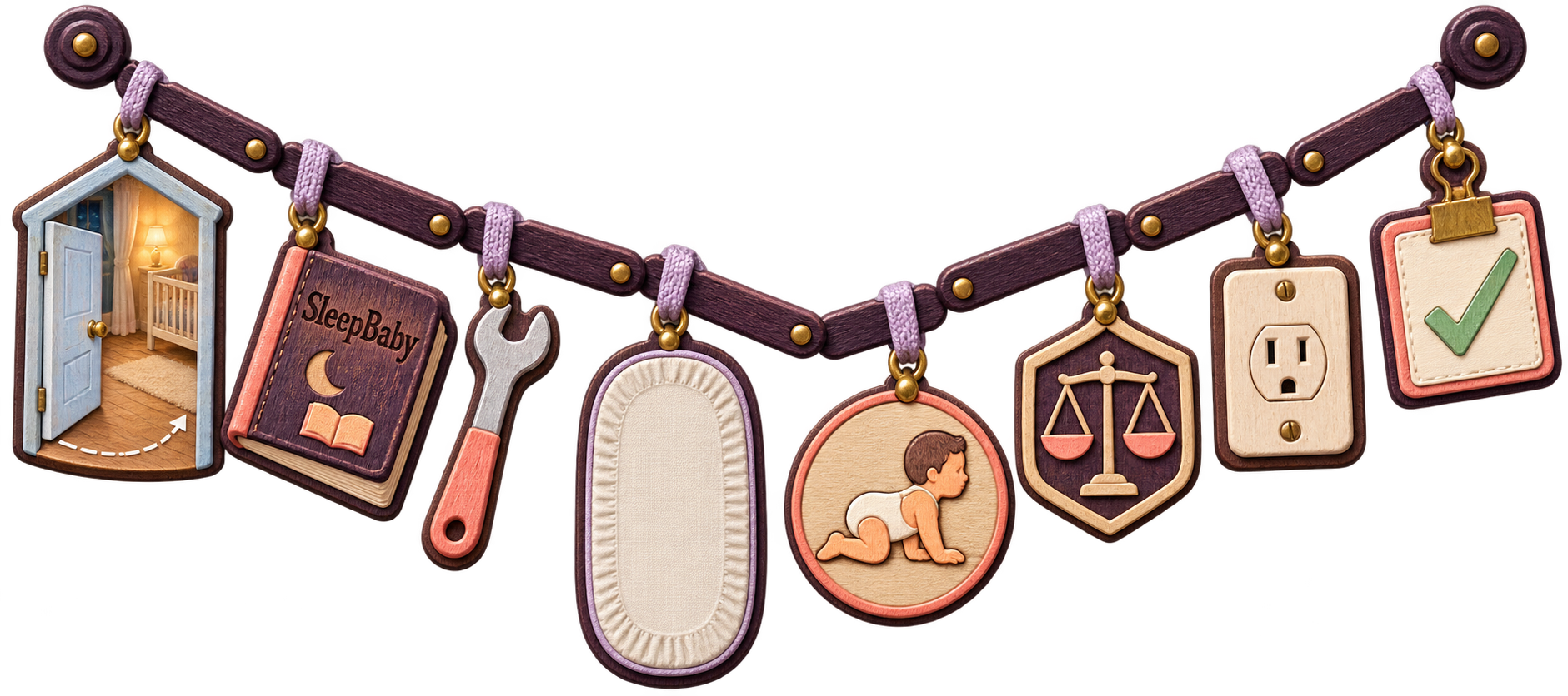 Plum wood ribbon with doorway, manual, wrench, fitted sheet, hands-and-knees milestone, scale, power outlet, and checklist charms.