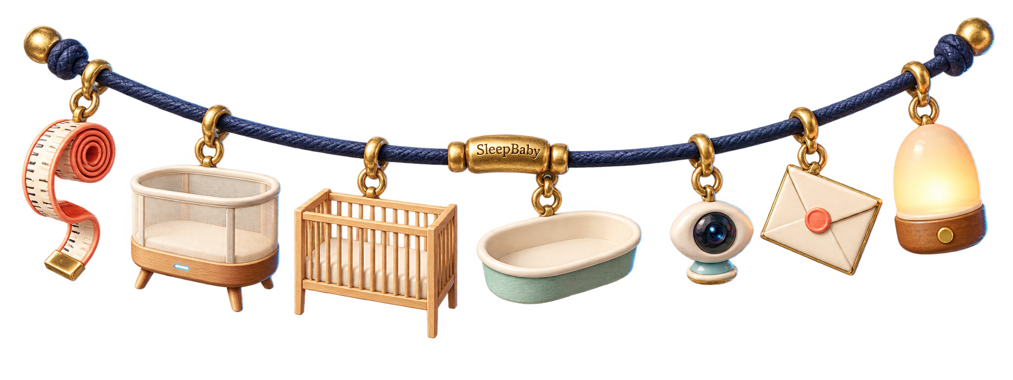 Indigo charm ribbon with tape measure, compact smart crib, standard crib, bassinet insert, monitor, receipt envelope, and nightlight.