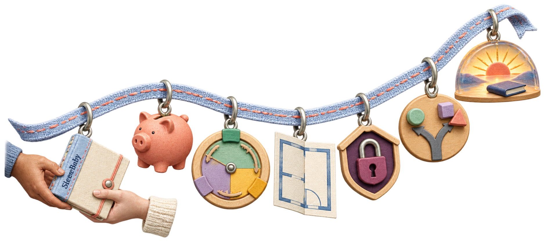 Pale-blue ribbon with folder handoff, piggy bank, lifecycle wheel, room plan, privacy lock, forked path, and sunrise marker.