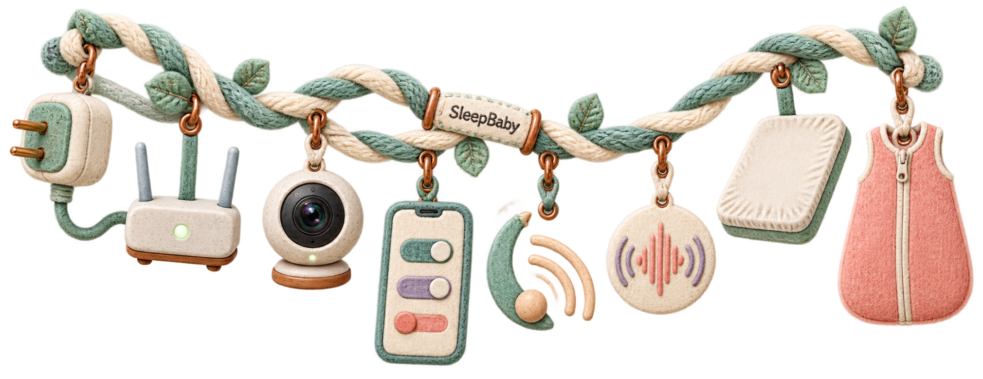 Mint braided ribbon with power plug, router, camera, phone controls, motion and sound symbols, fitted sheet, and sleep sack.