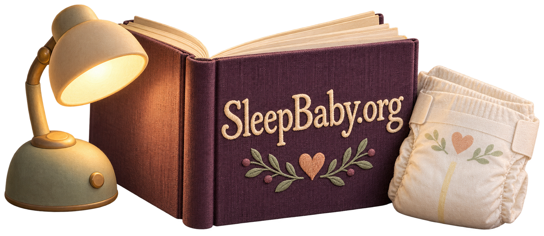 A small reading lamp, cloth-bound observation notebook and clean diaper form a connected nighttime care vignette.