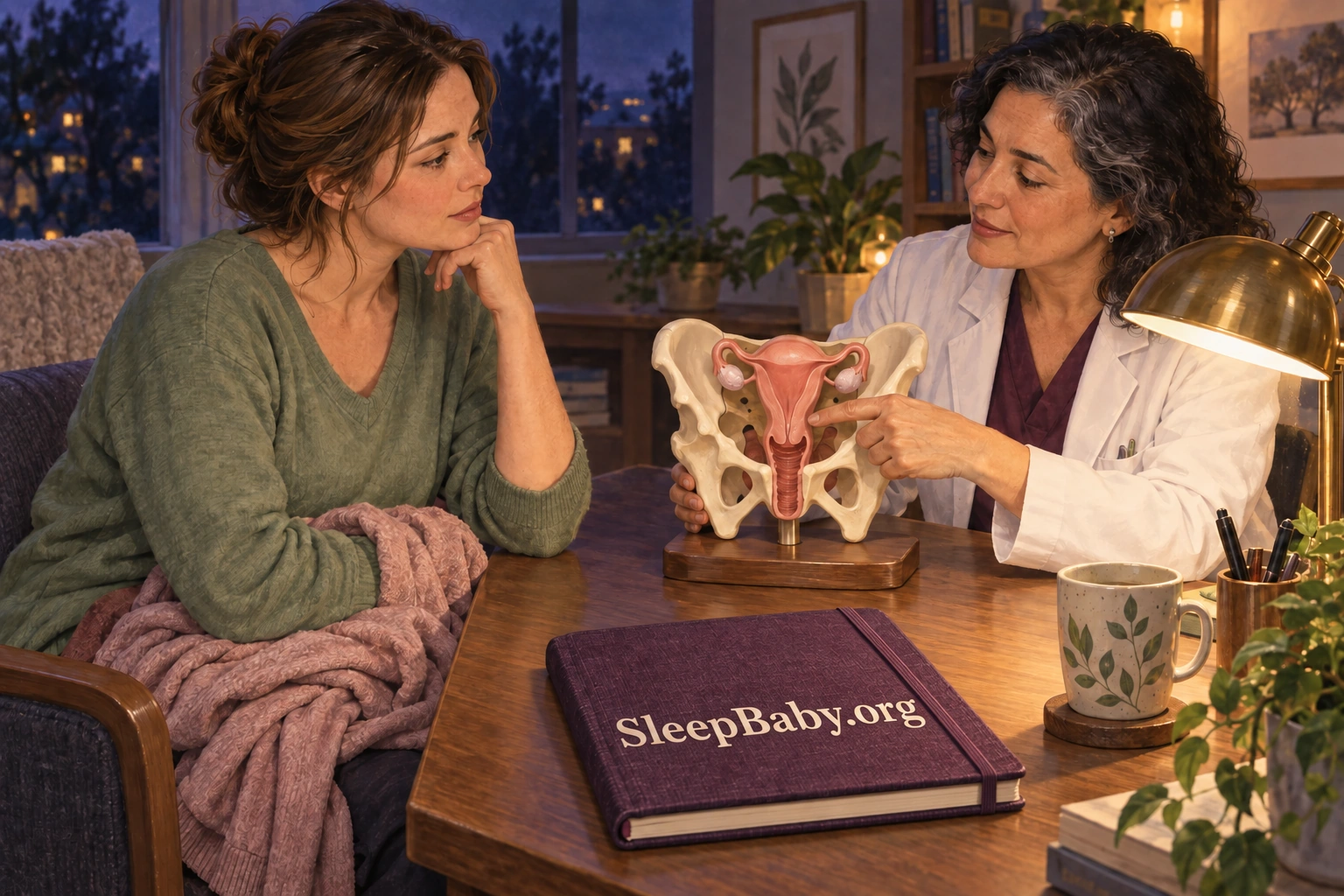 A woman and clinician discuss a pelvic teaching model in a warmly lit room, with a SleepBaby.org notebook on the desk.