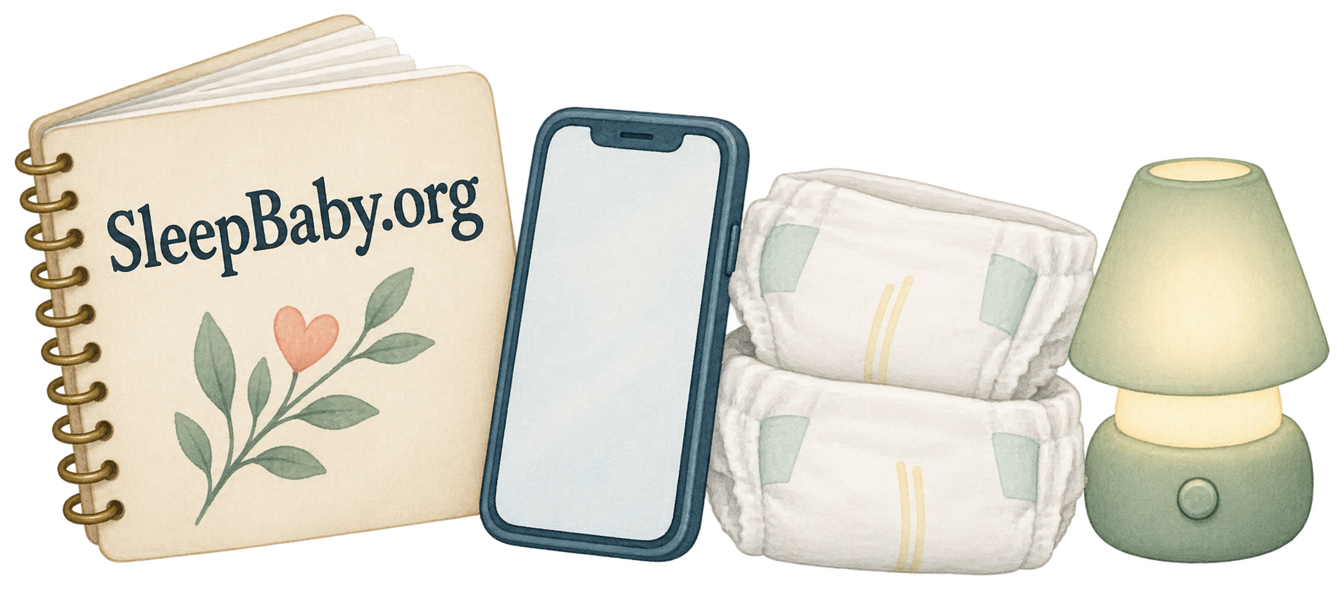 Watercolor care notebook, blank-screen phone, folded diapers and a small nightlight on a transparent background.