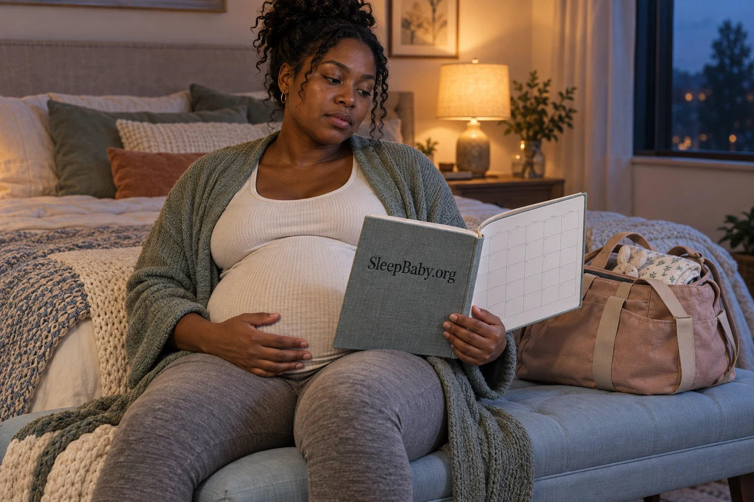 A pregnant adult sits beside her packed hospital bag with an appointment notebook.
