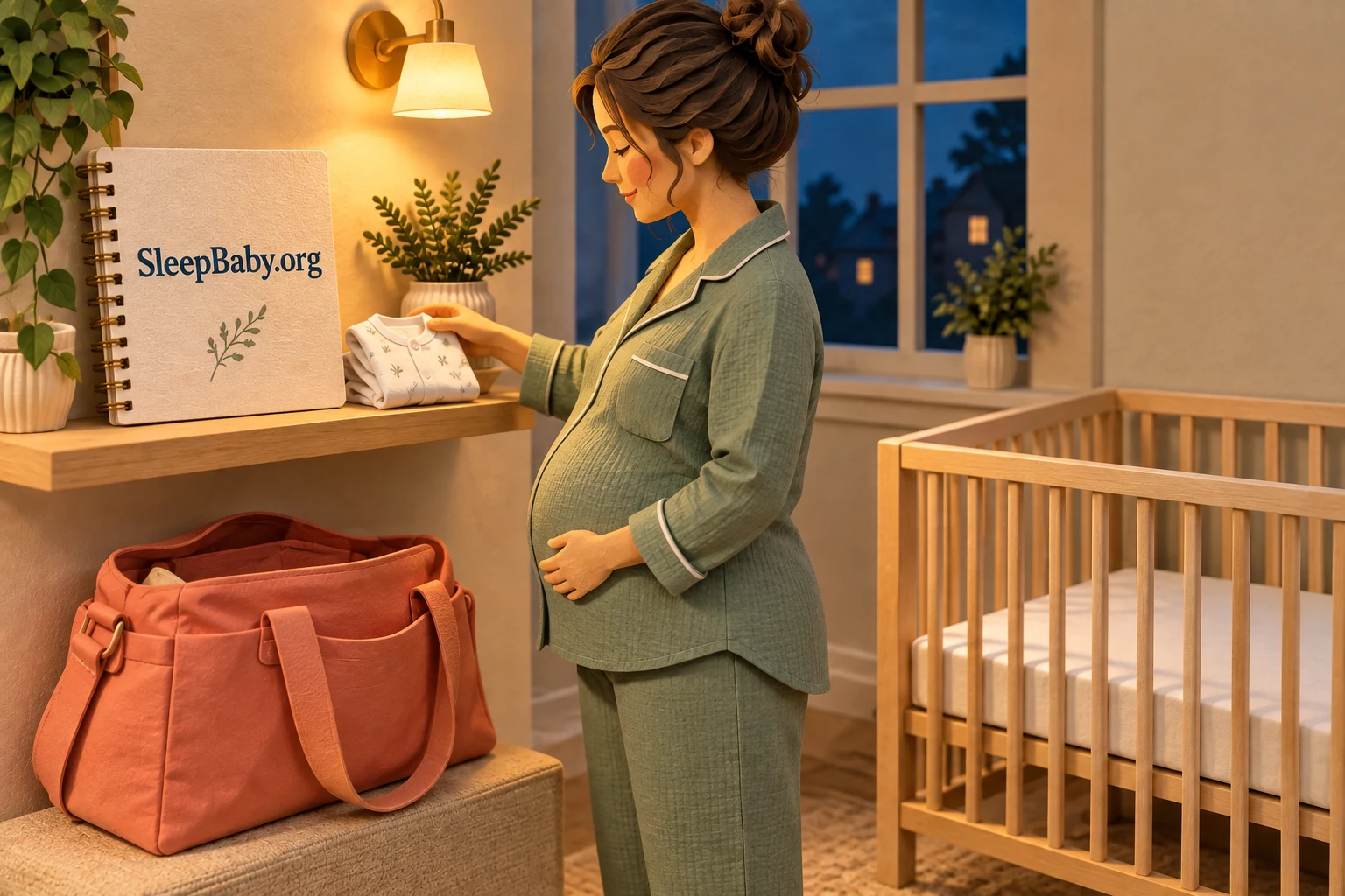 A pregnant adult places a folded sleepsuit near a care notebook, separate from an empty crib.