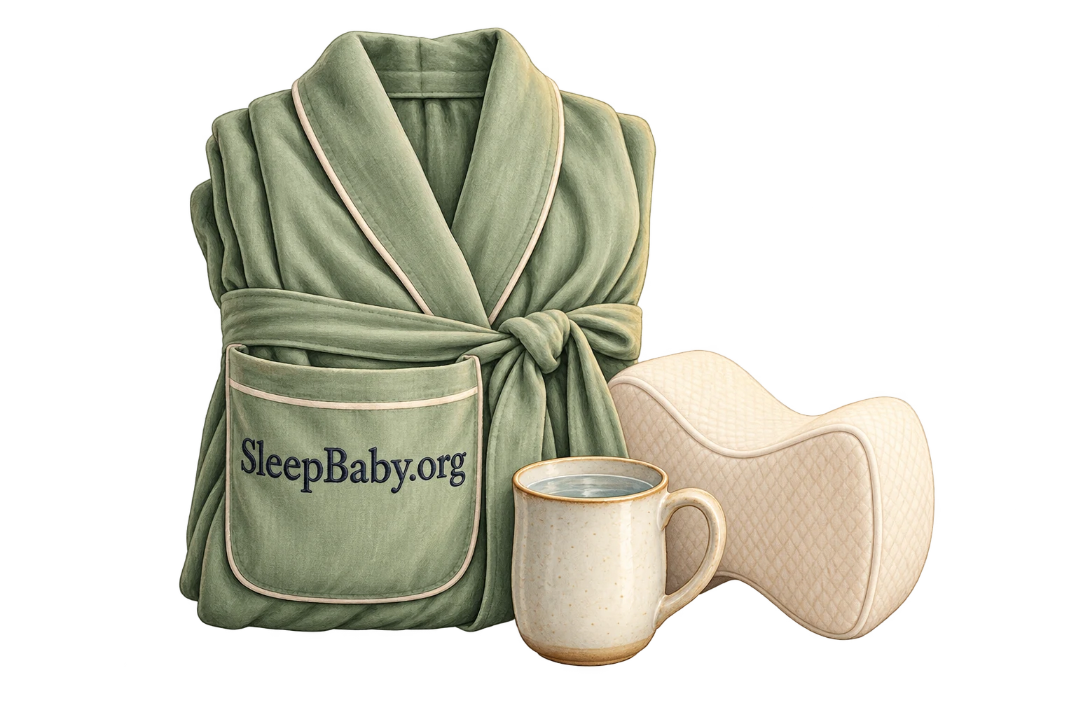 A folded maternity robe, adult support pillow and water mug.