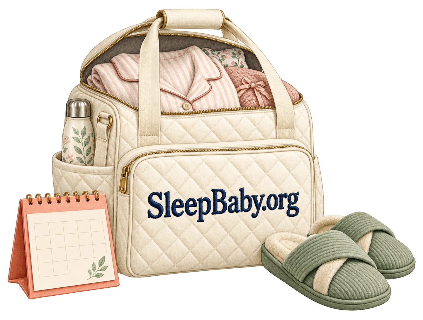 A quilted hospital bag, blank calendar and adult slippers illustrate being ready while waiting.