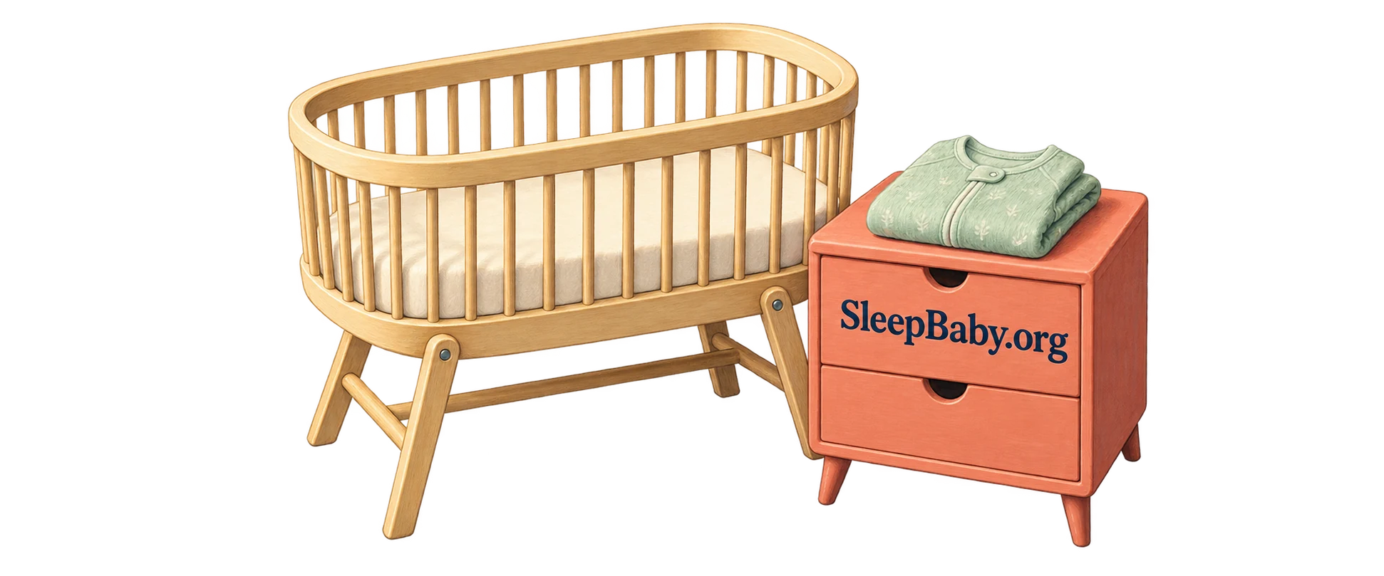 An empty bassinet stands beside a closed organizer and folded newborn sleepsuit.