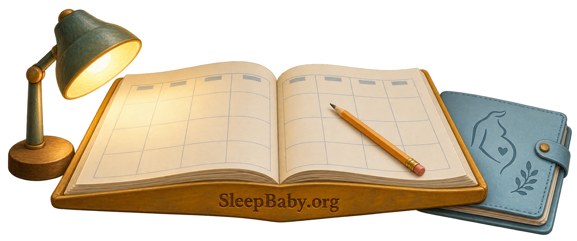 An open weekly appointment book, maternity folder, pencil and lamp.