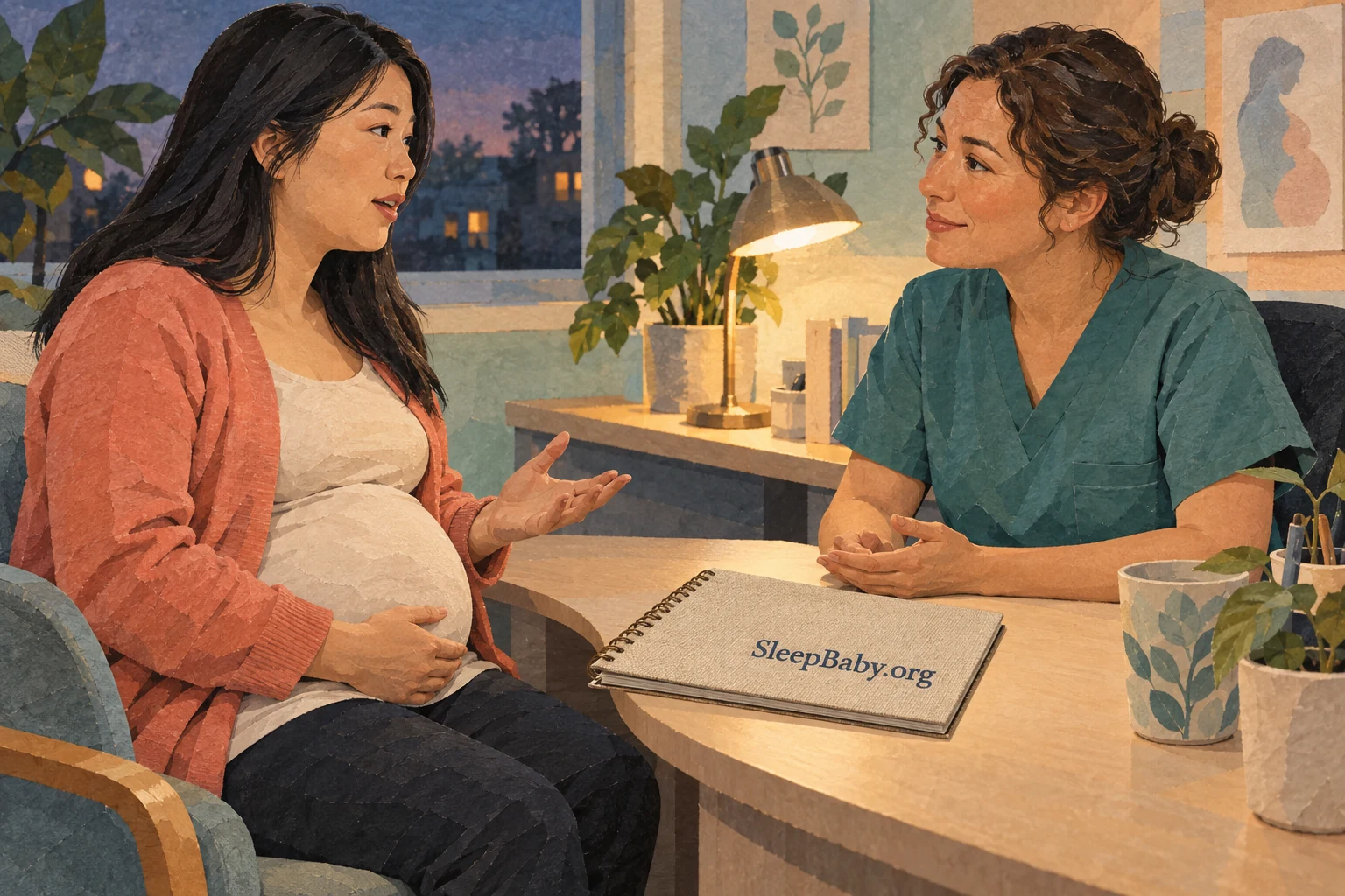 A pregnant adult talks with a maternity clinician across an appointment notebook.