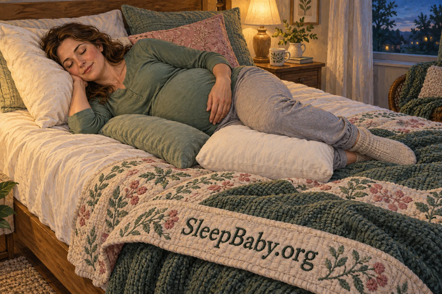 A pregnant adult rests on her side on an adult bed with ordinary pillows supporting her knees and bump.