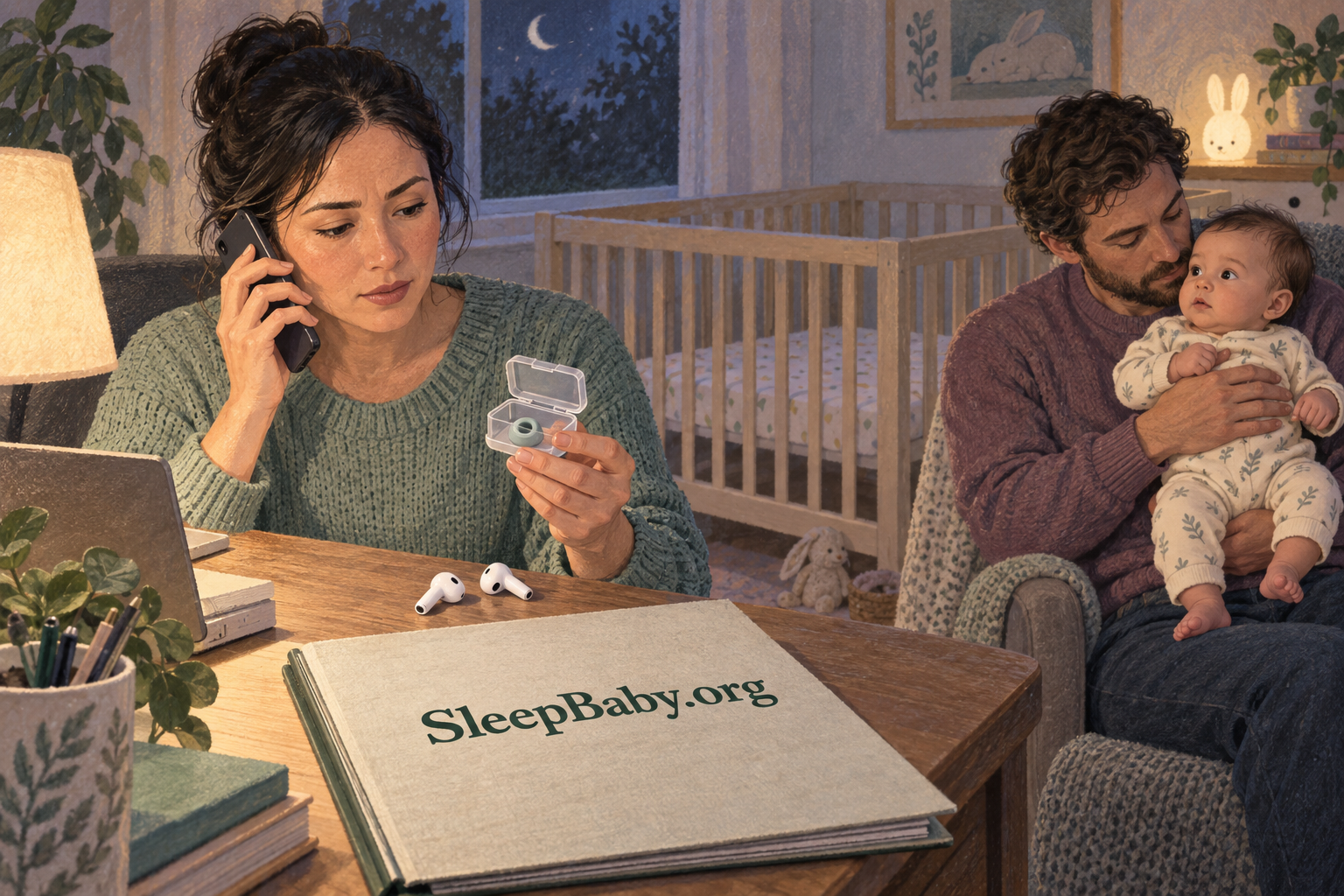 One parent calls for advice while another holds an awake baby, away from earphone parts on an adult desk.