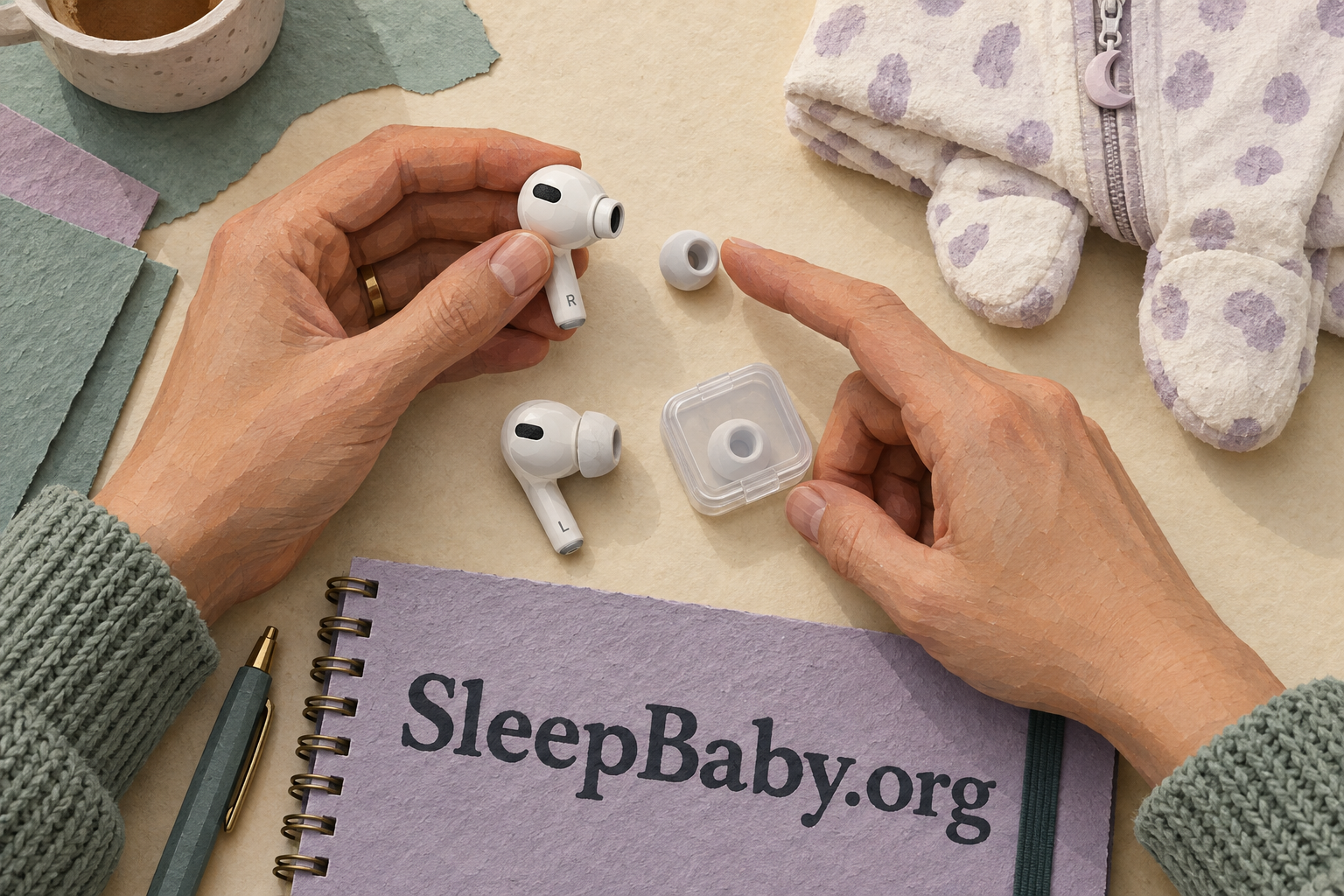 An adult compares an intact earbud and a detachable silicone tip on a high work surface.