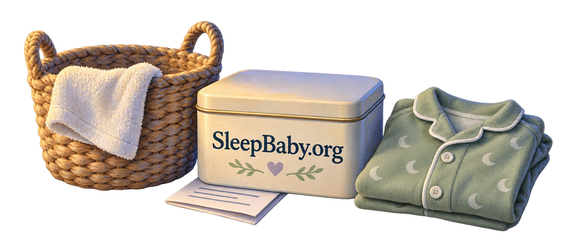Watercolor laundry basket with a cloth, closed care tin, folded pajamas and instruction sheet.