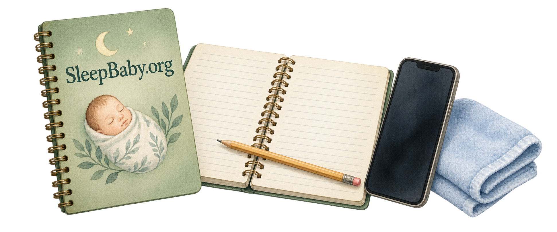 Watercolor care notebooks, pencil, blank-screen phone and folded blue facecloth.
