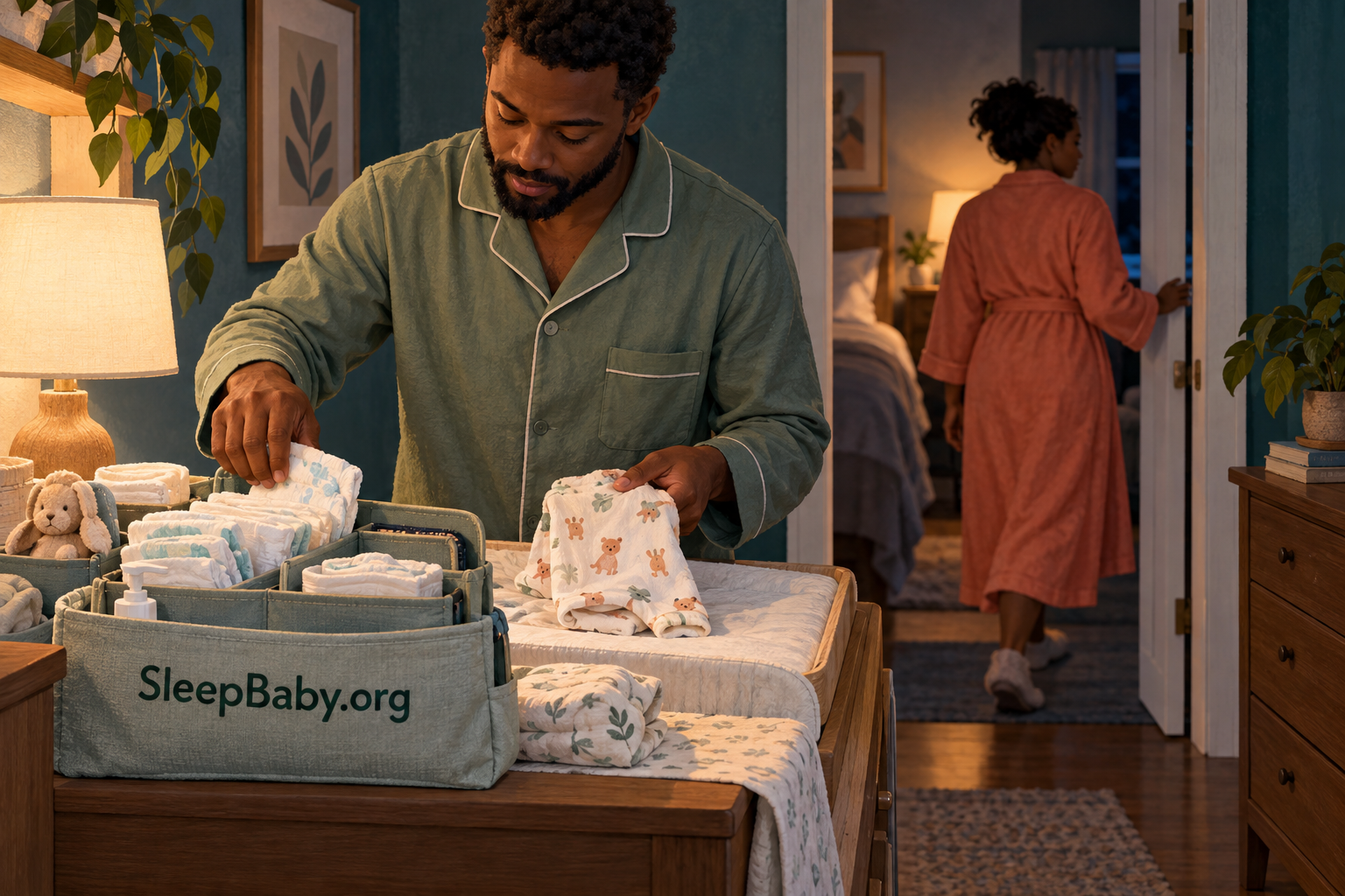 A father prepares a diaper and fresh pajamas at a lit changing station while the baby’s mother leaves to rest.