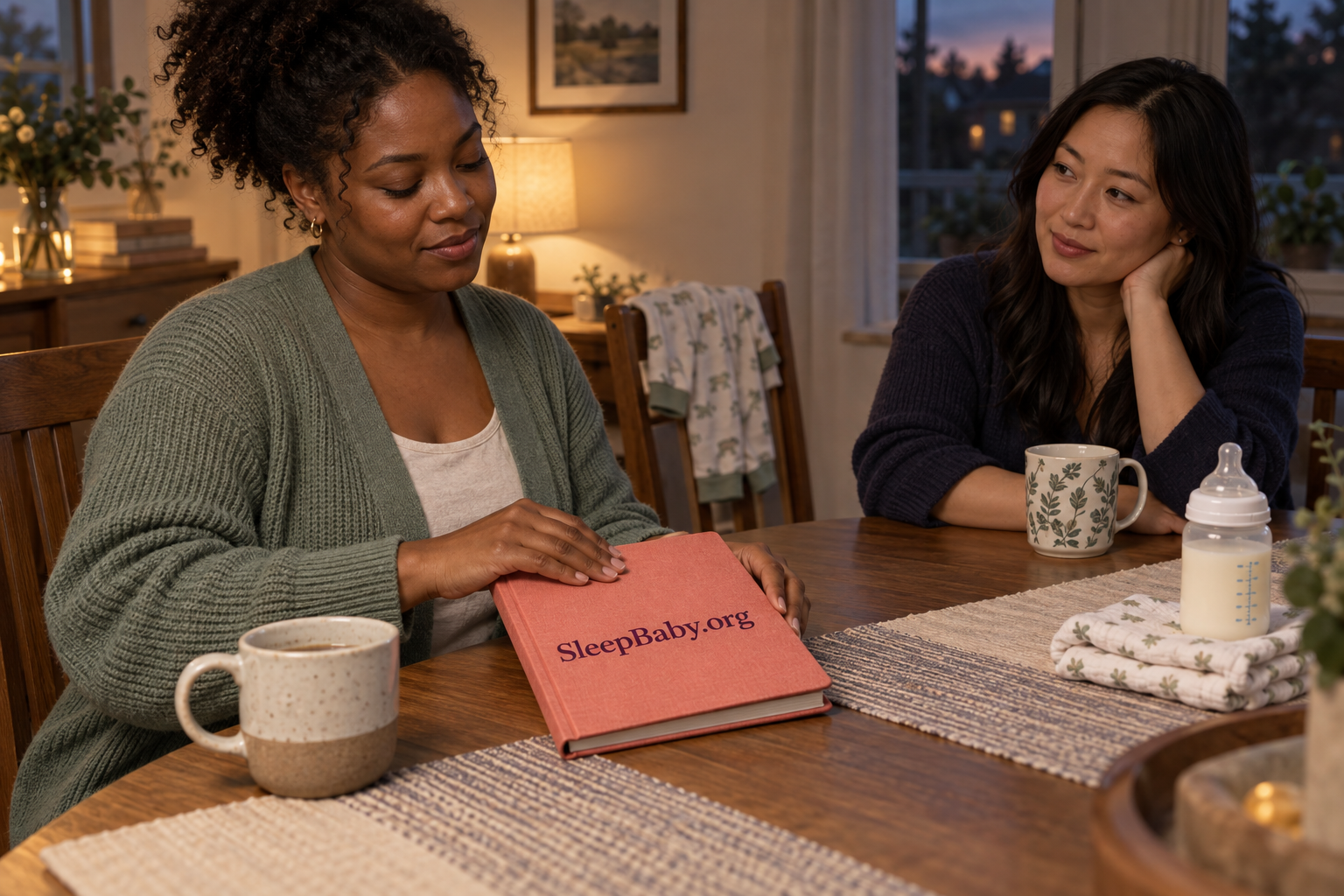 Editorial image of two fully clothed women talking beside a closed coral notebook, a capped bottle, and a folded cloth.