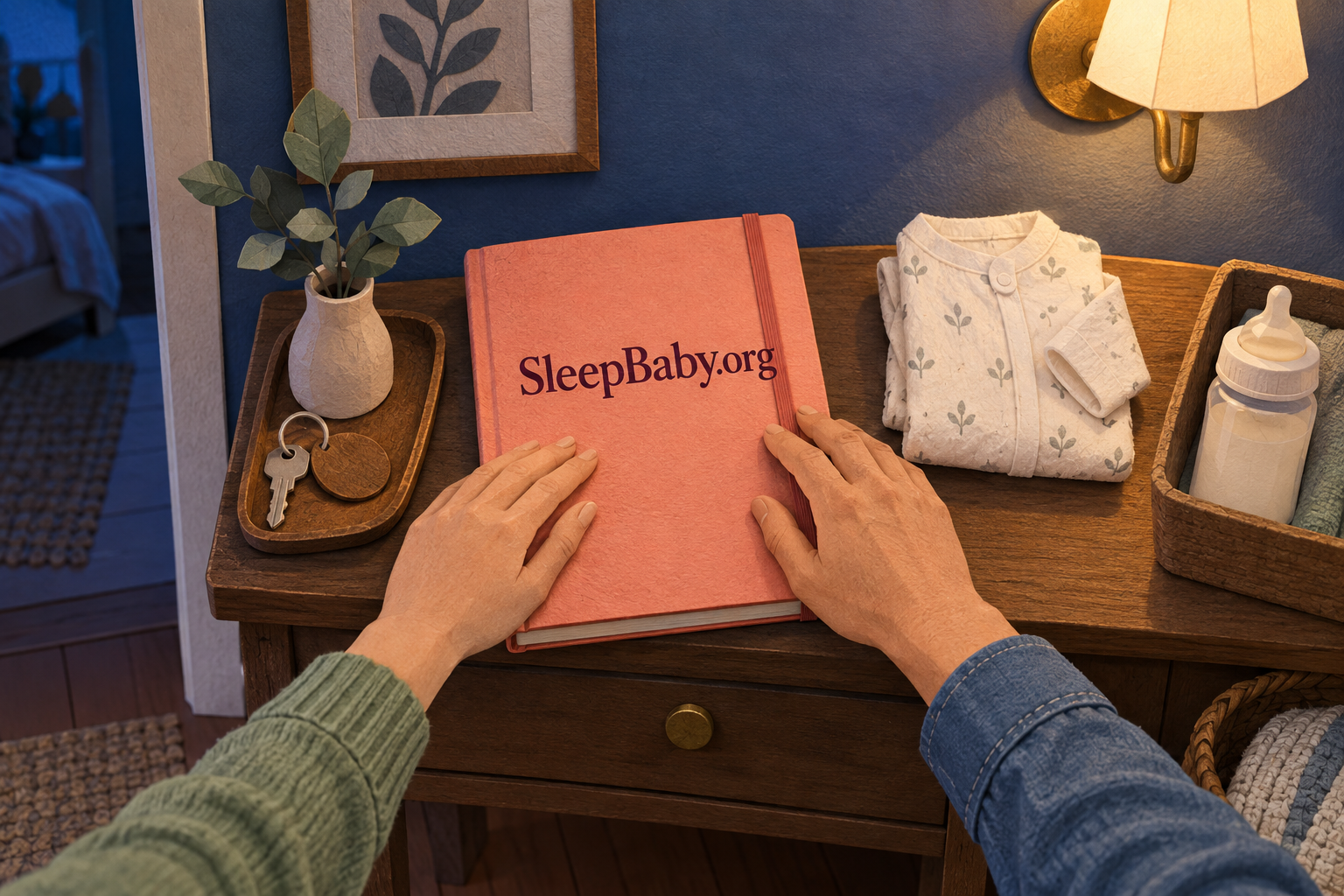 Illustration of hands resting on a closed coral notebook beside folded baby pajamas and a capped bottle under a warm wall lamp.
