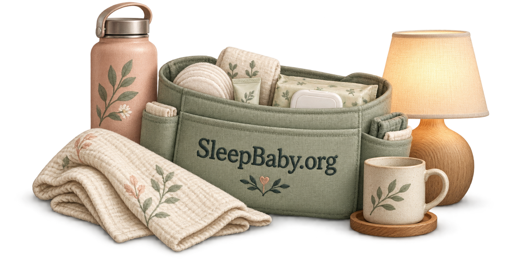 A blush water flask, folded burp cloth, sage care organizer, mug and small bedside lamp.