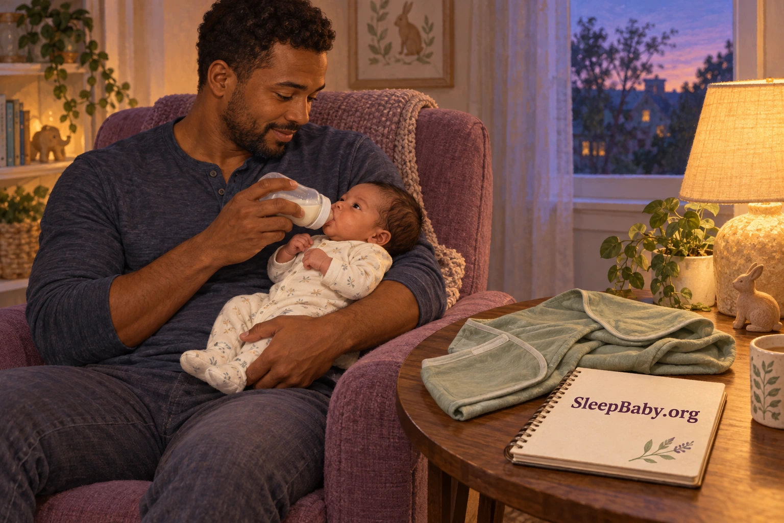 An alert caregiver feeds a baby in pajamas while the swaddle is put aside.