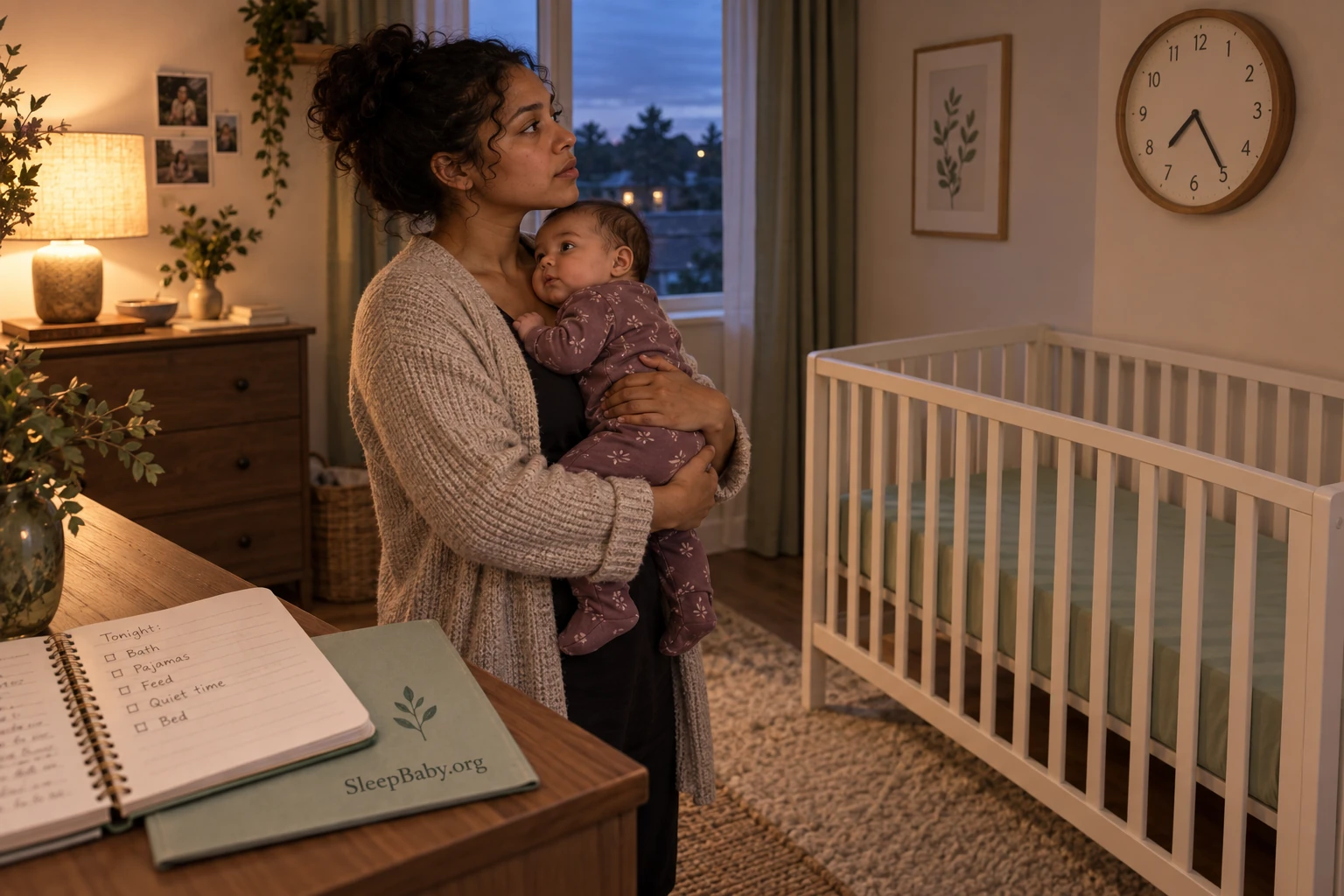 Mother holding an awake baby beside an empty crib, looking at a wall clock, with a SleepBaby.org notebook in the foreground.