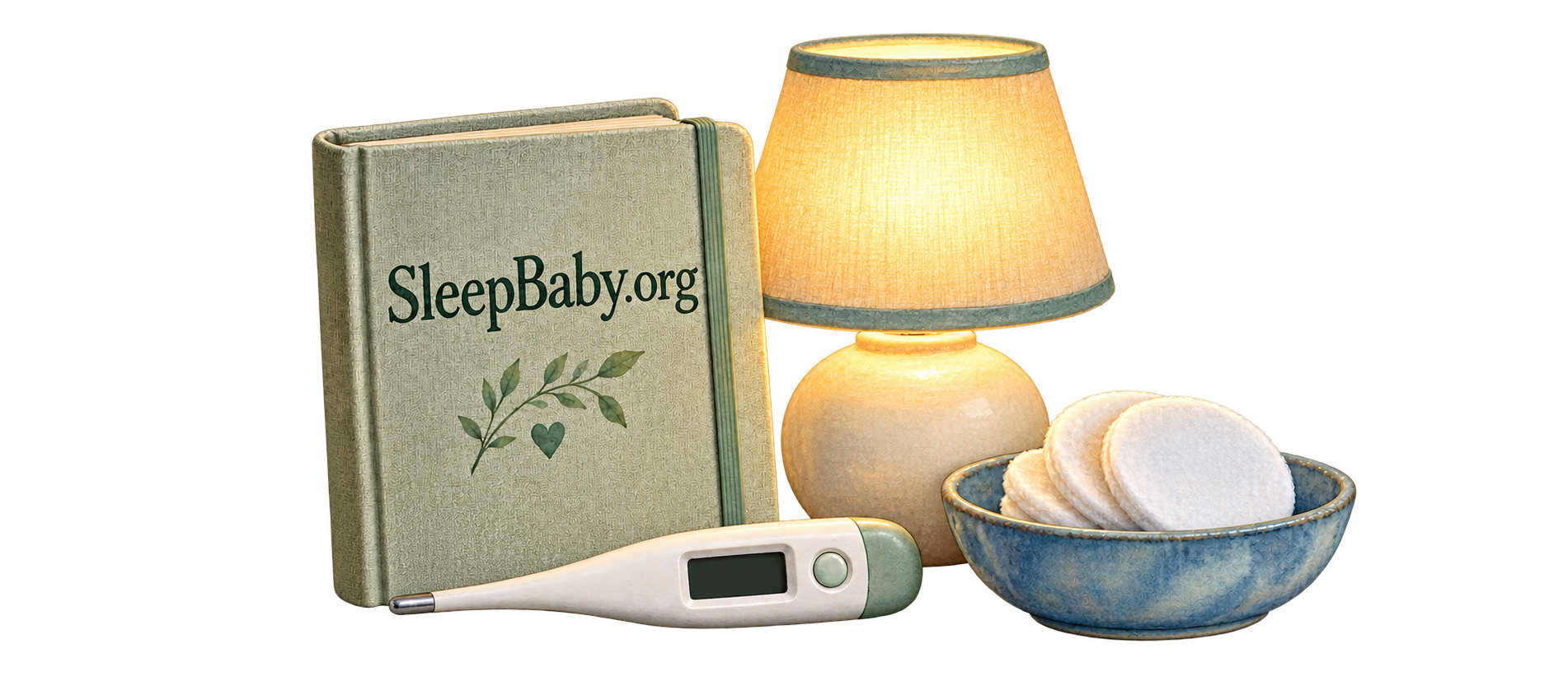 Watercolor baby-care notebook, blank-display thermometer, cotton-pad dish and small lamp.