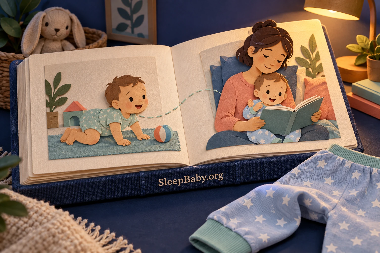 A dimensional SleepBaby.org storybook shows a crawling baby on one page and shared bedtime reading on the other.