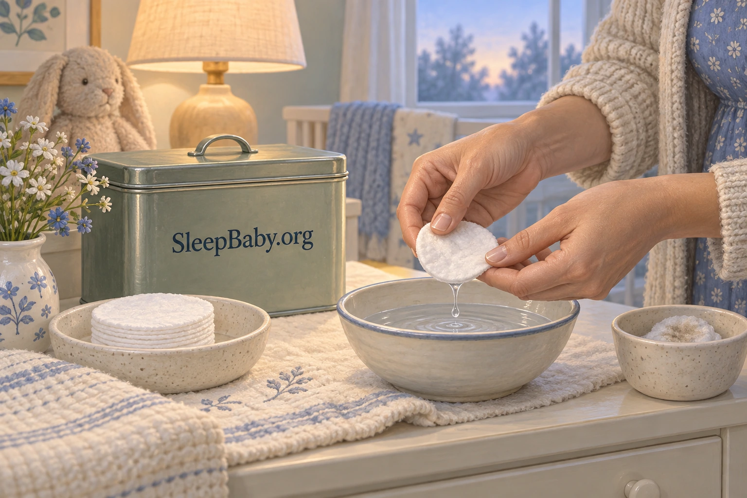 Clean adult hands hold a damp cotton pad above a water bowl, with fresh and used supplies separated.