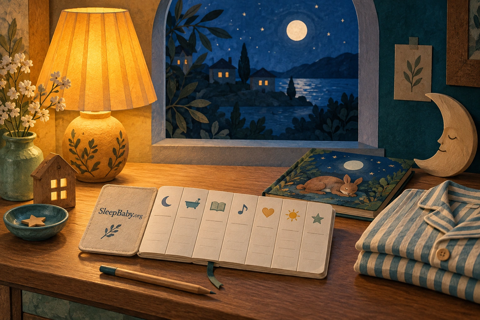 An illustrated bedtime planning notebook, lamp, storybook and folded pajamas beside a night window.