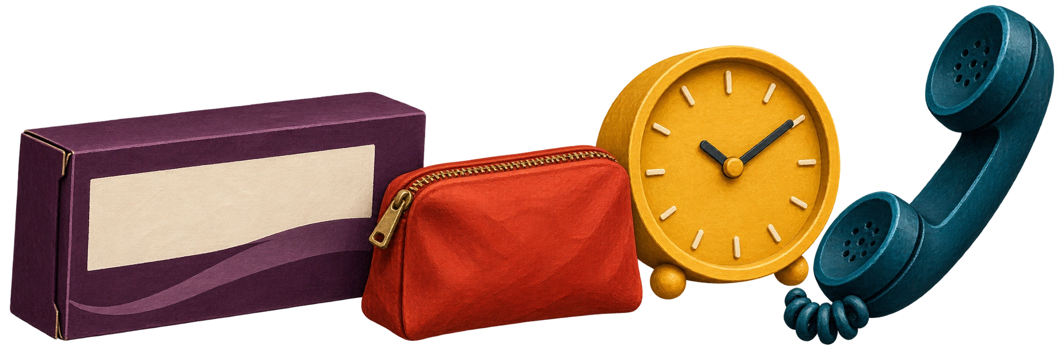 A closed medicine carton, zipped pouch, clock and telephone handset.
